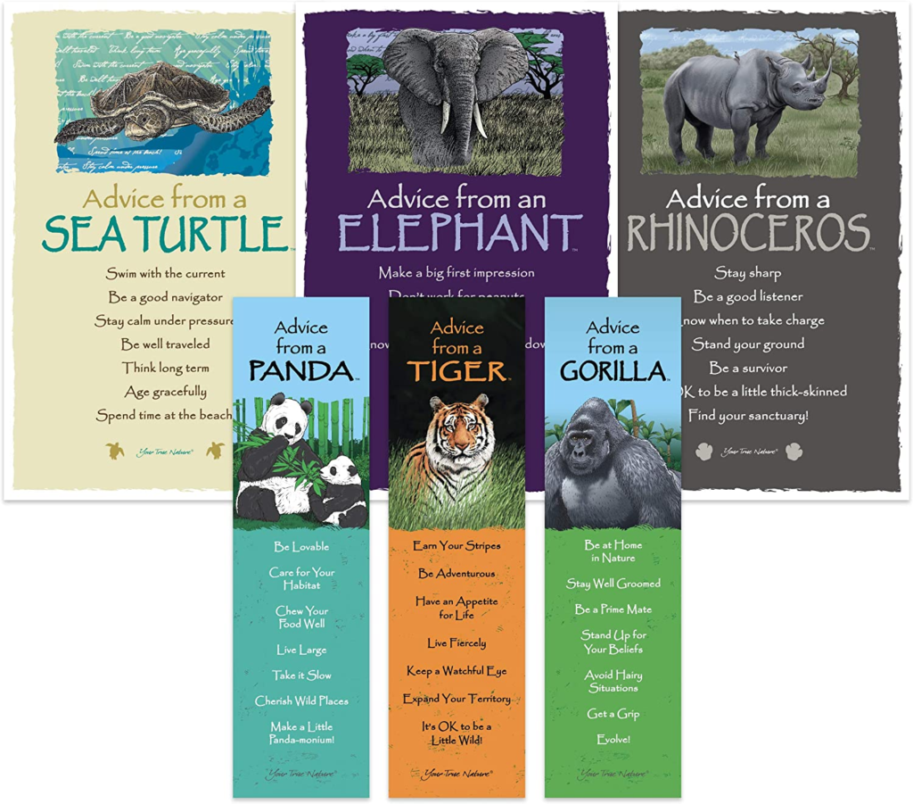 Photo of three bookmarks (Panda, Tiger, Gorrilla) and three Art Cards (Sea Turtle, Elephant, Rhinoceros)