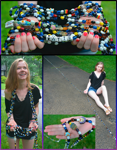 Young adult with her Beads of Courage collection smiling for senior photos. She is holding several beads of courage in a strand symbolizing her courage for each moment during cancer treatment.